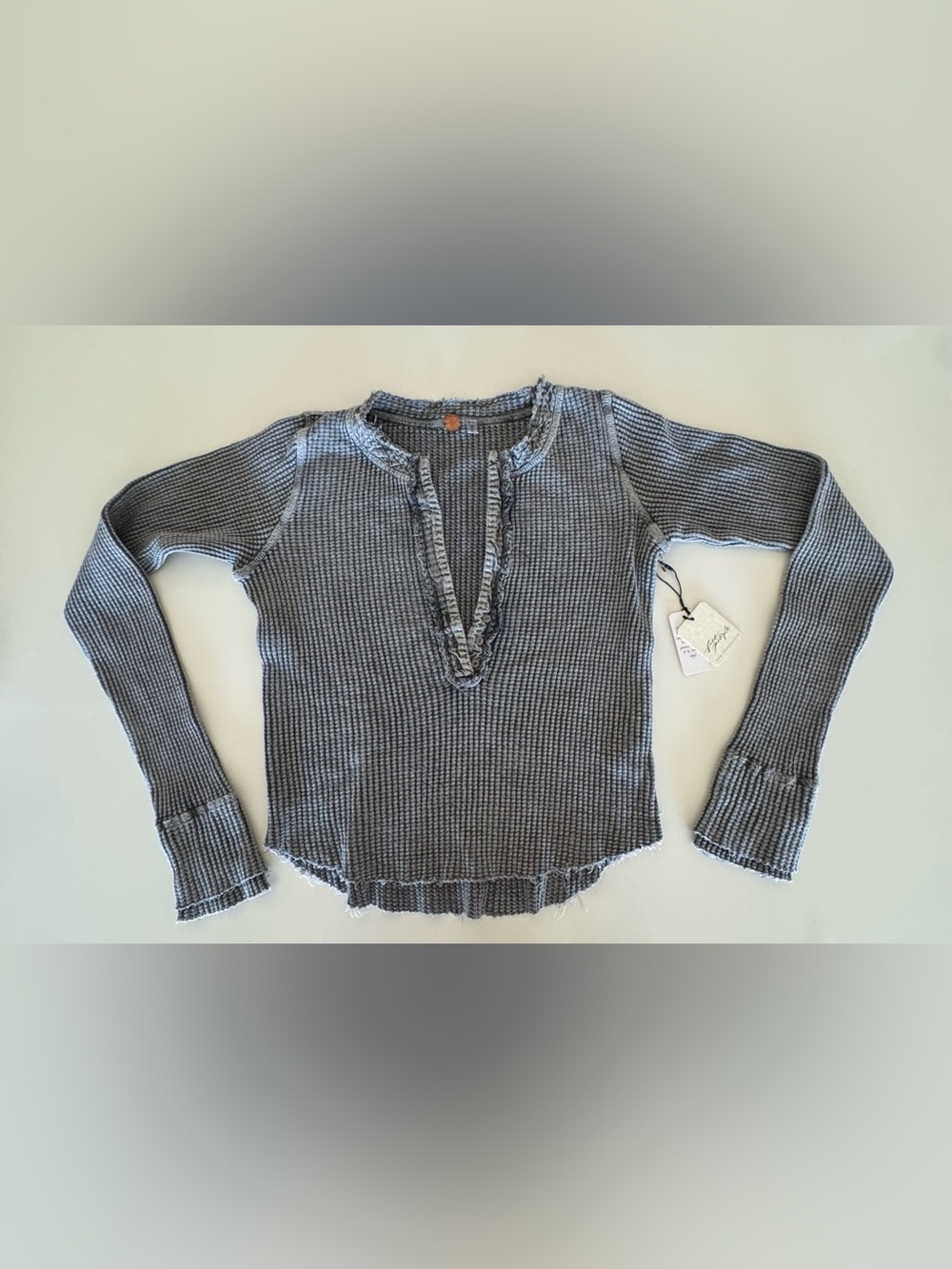 Free People Gray Waffle-Knit Ruffle Henley Long Sleeve Top